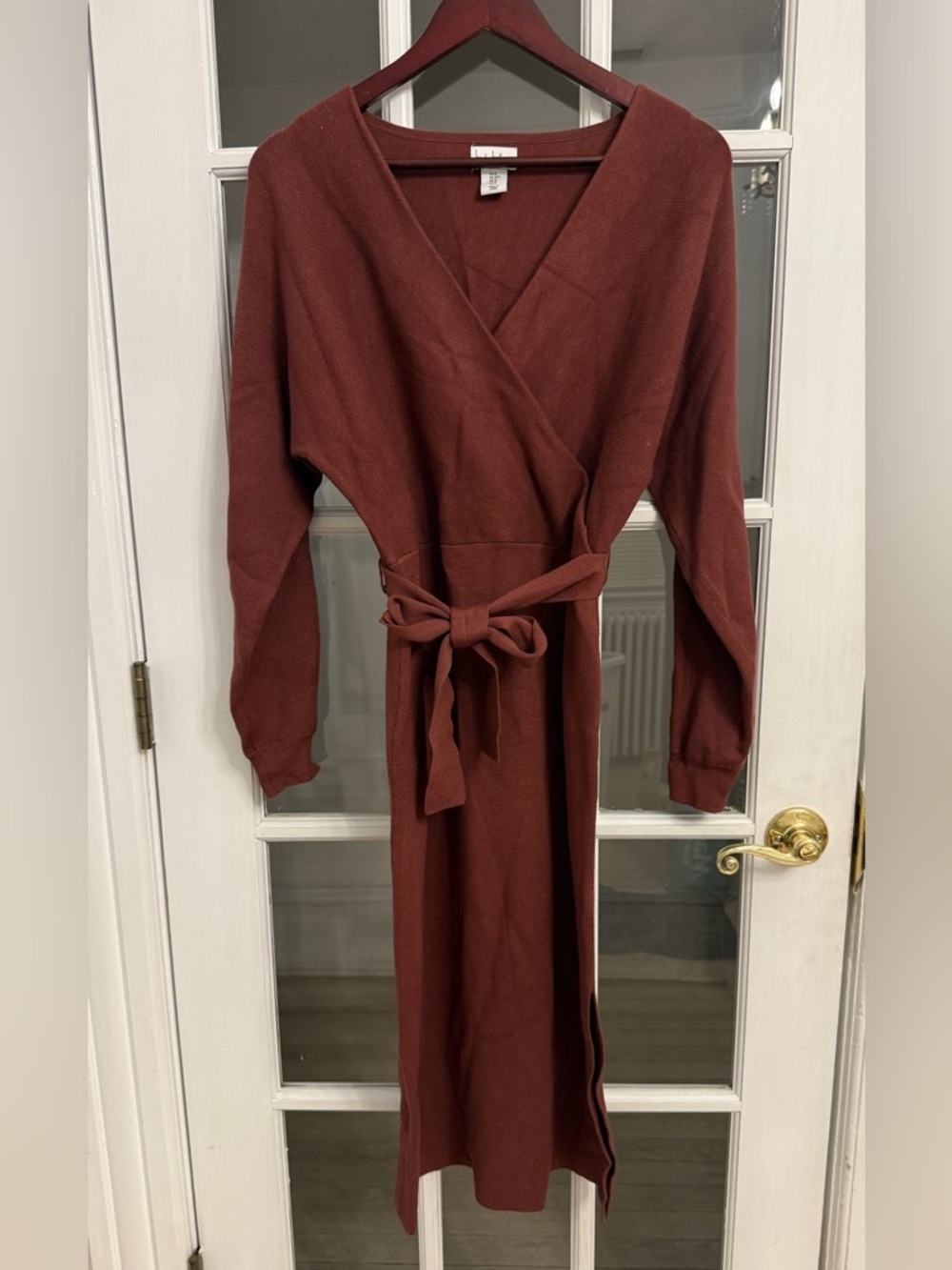 NICOLE MILLER Women’s Rust Brown Knit Long Sleeve Faux Wrap Tie Waist Dress